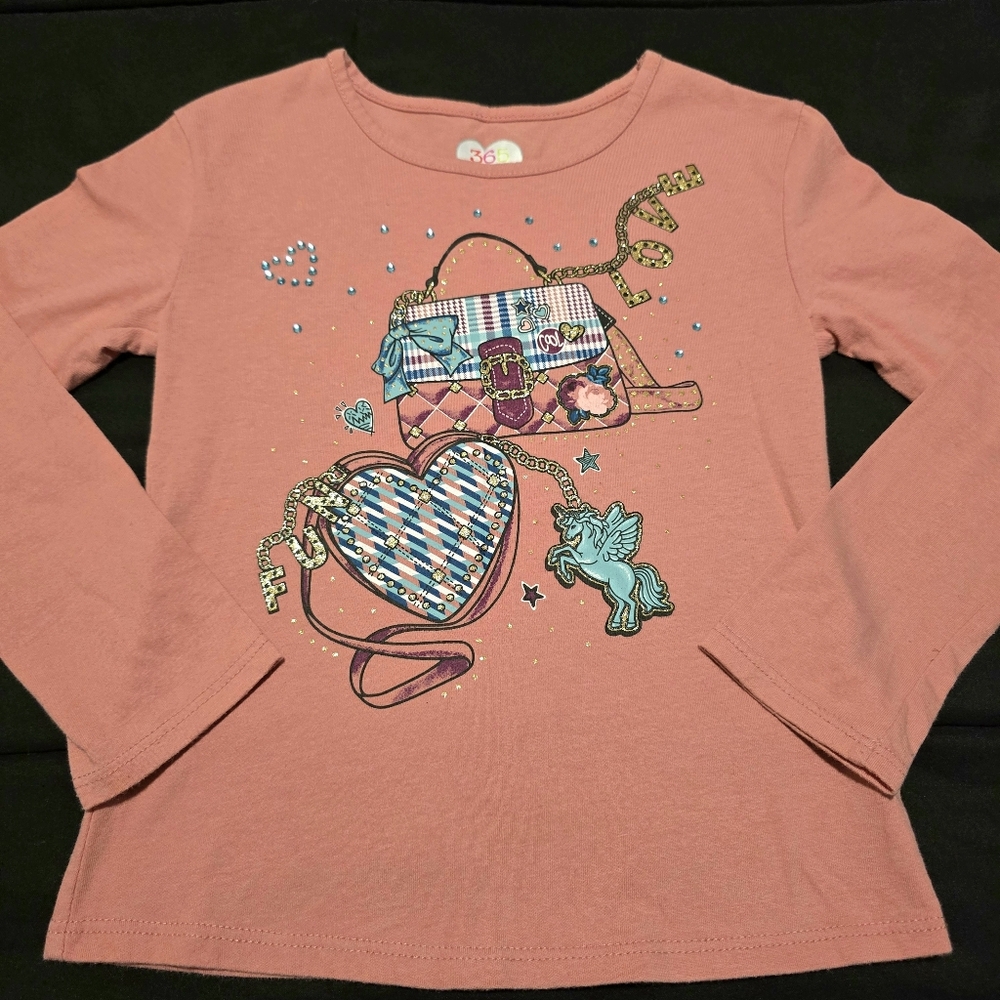 Girl's Fashionista Long‎ Sleeve Shirt Glitter Rhinestone Top Pink Size 5